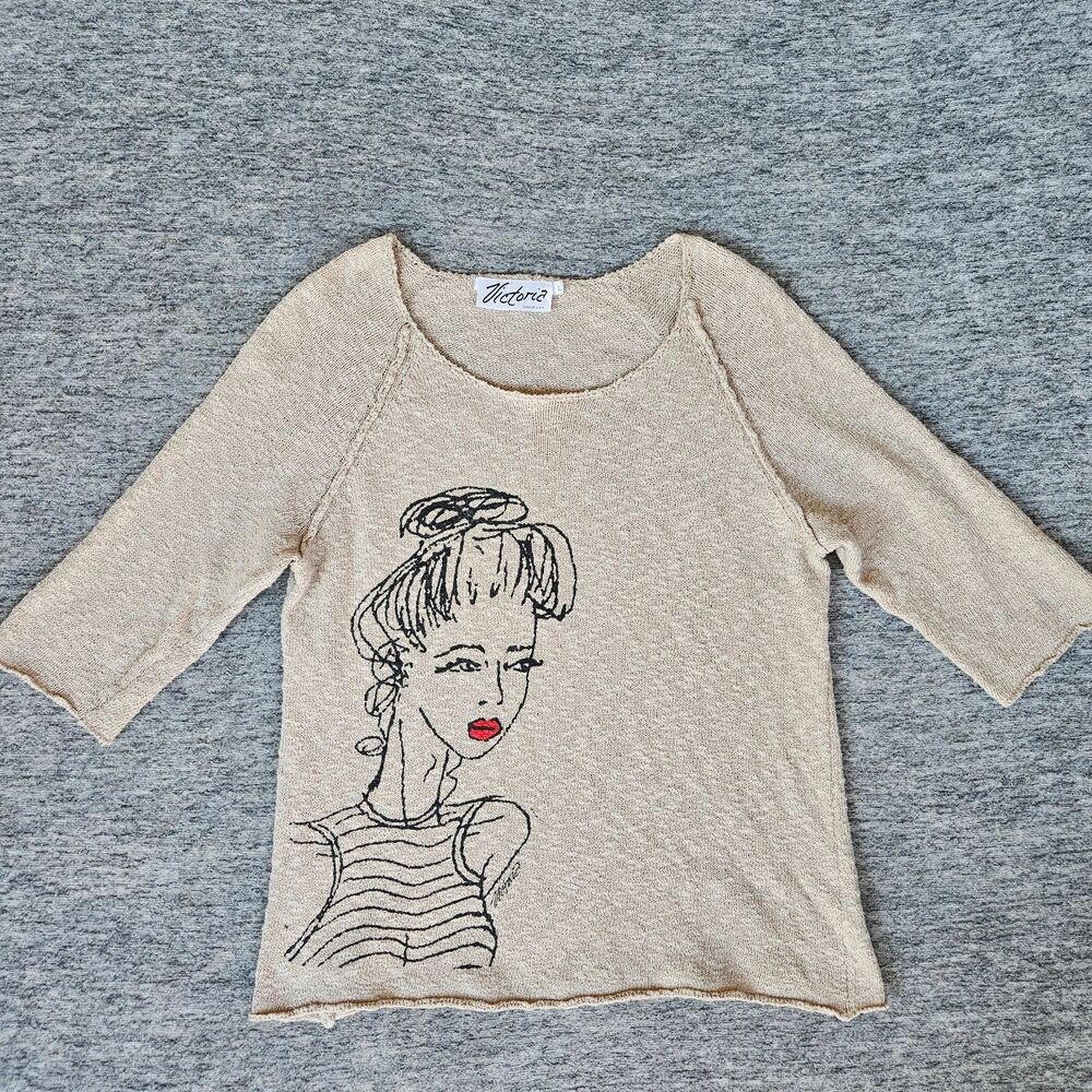 VTG Victoria Made In USA. 100% Cotton Pullover Boho Blouse Women's L 3/4 Sleeve
